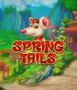 A whimsical illustration of a white rat dressed in traditional Chinese attire positioned in front of a scenic mountain backdrop. The image is for the Spring Tails game by Betsoft, showcased with bold gold and red logo text.