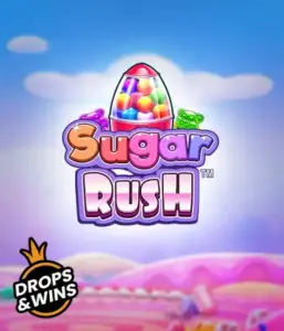 Enjoy the delightful world of the Sugar Rush slot game by Pragmatic Play, with a colorful candy dispenser set against a fantastic candy landscape. This graphic captures the playfulness of the game, highlighted with vivid candies and enticing typography. Great for those with a sweet tooth, offering a delightful gaming experience. 